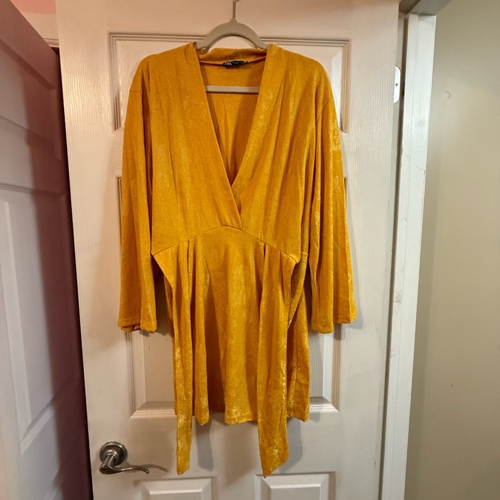 Zara Mustard Yellow Long Sleeve Wrap Dress